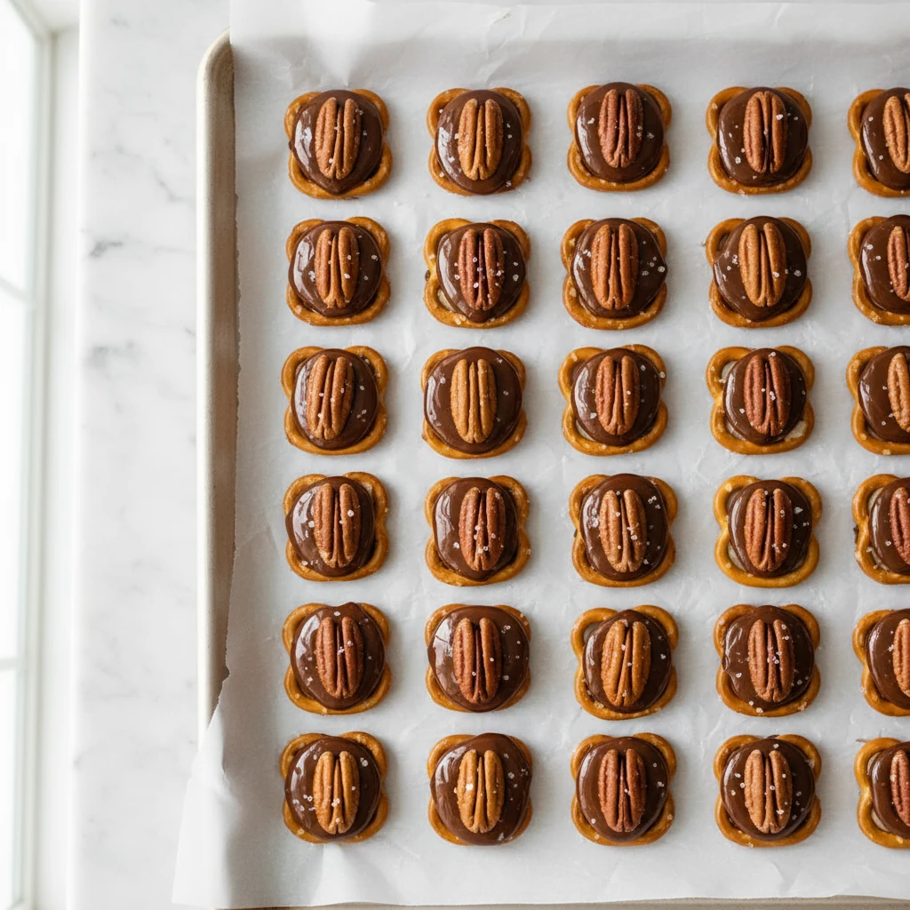 Food photography, Overhead process shot of chocolate pretzel turtles on a parchment-lined sheet pan: mini pretzels toppe