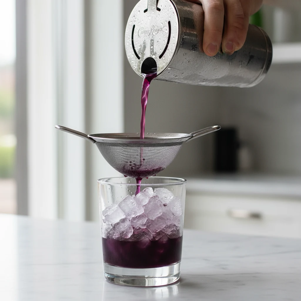 Food photography, Cooking process close-up: fine-straining a shaken Crown Royal Blackberry cocktail over fresh crushed i