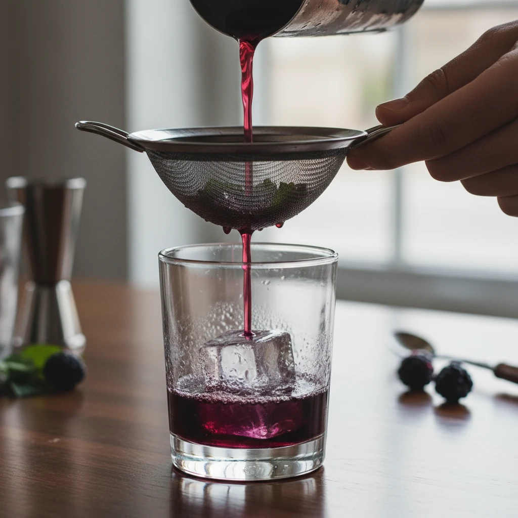 Food photography, Close-up process shot: deep purple blackberry bourbon smash being double strained into a chilled rocks