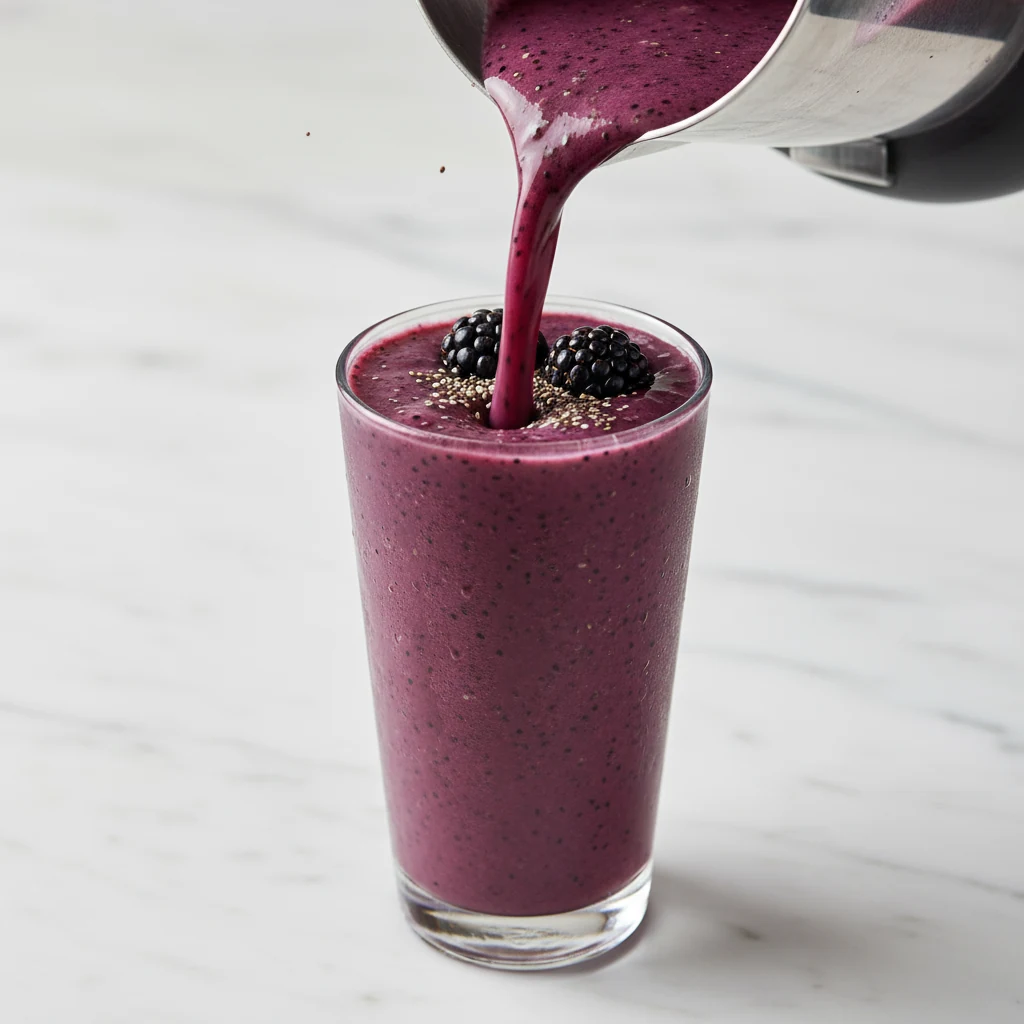 Food photography, Close-up action pour: deep purple blackberry smoothie cascading from a blender into a chilled clear gl