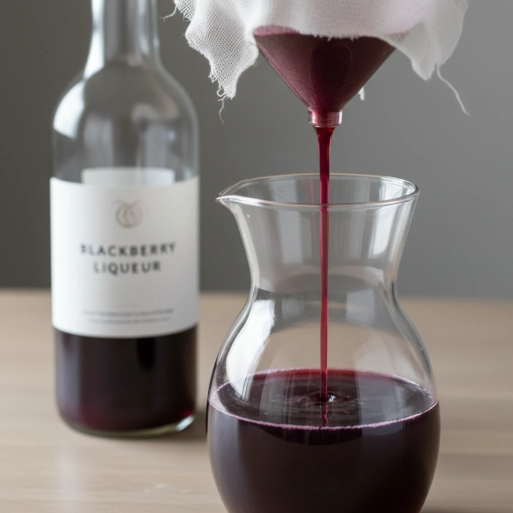 Food photography, Close-up detail of finished blackberry liqueur filtering through a coffee filter into a clear glass ca