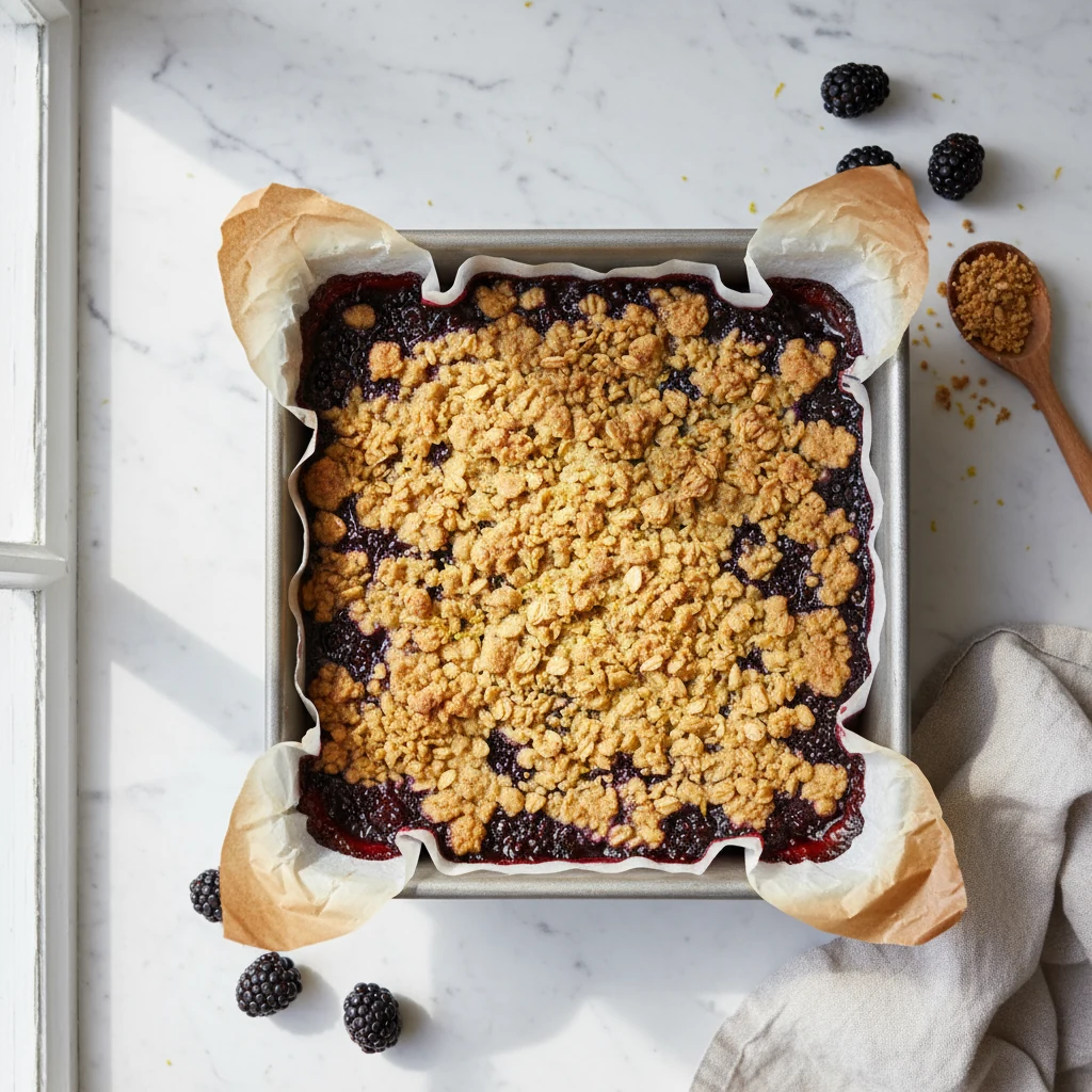 Food photography, Overhead cooking-process shot: freshly baked Blackberry Crumble Bars in an 8-inch parchment-overhung s