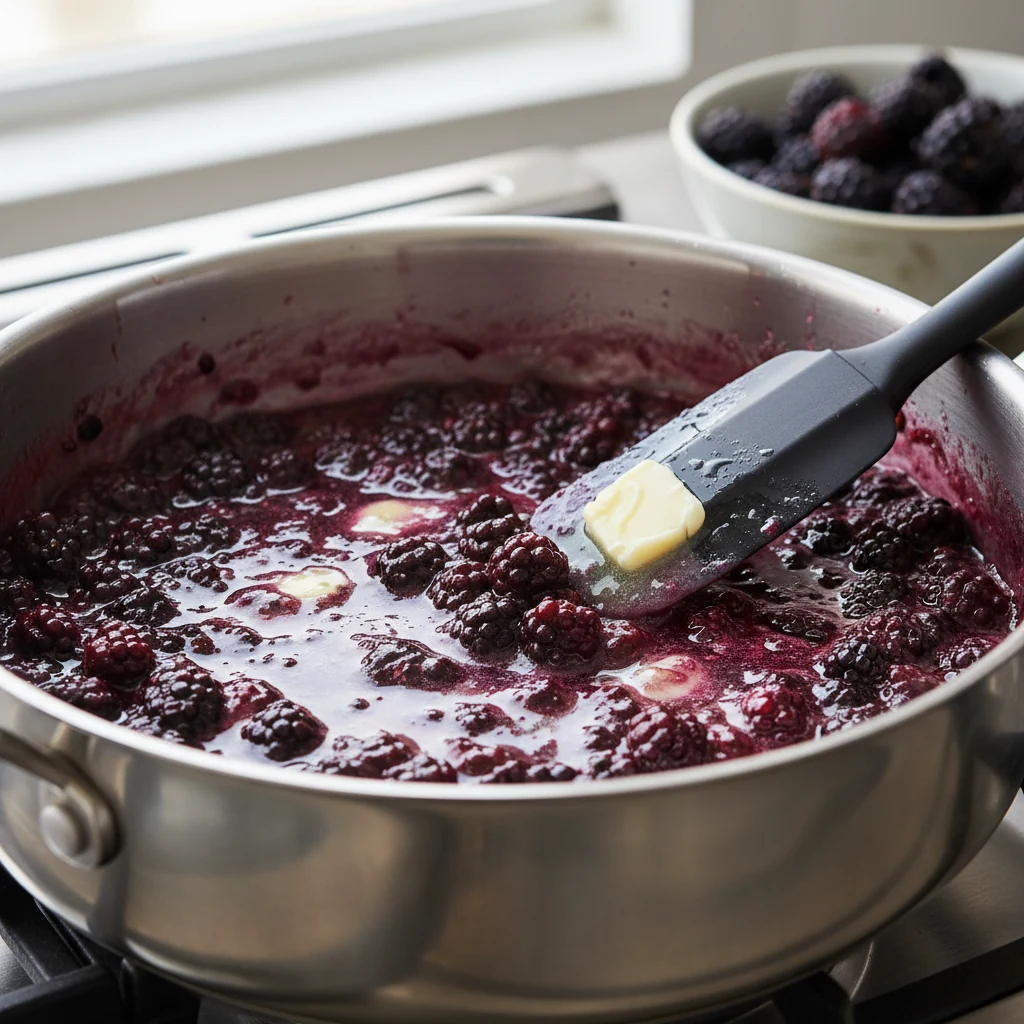 Food photography, Close-up of glossy blackberry pie filling simmering in a wide stainless saucepan, translucent gel with