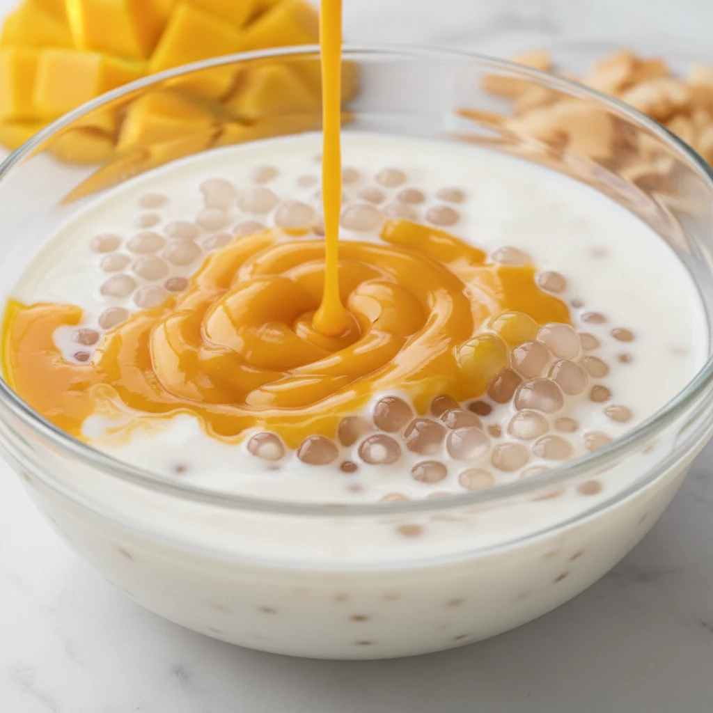 Close-up process shot: Mango Sago being prepared — cooked small tapioca pearls (mostly translucent with tiny white cente