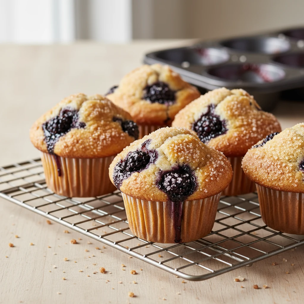 Food photography, Blackberry muffins fresh from the oven on a cooling rack: tall, craggy golden domes with crunchy turbi
