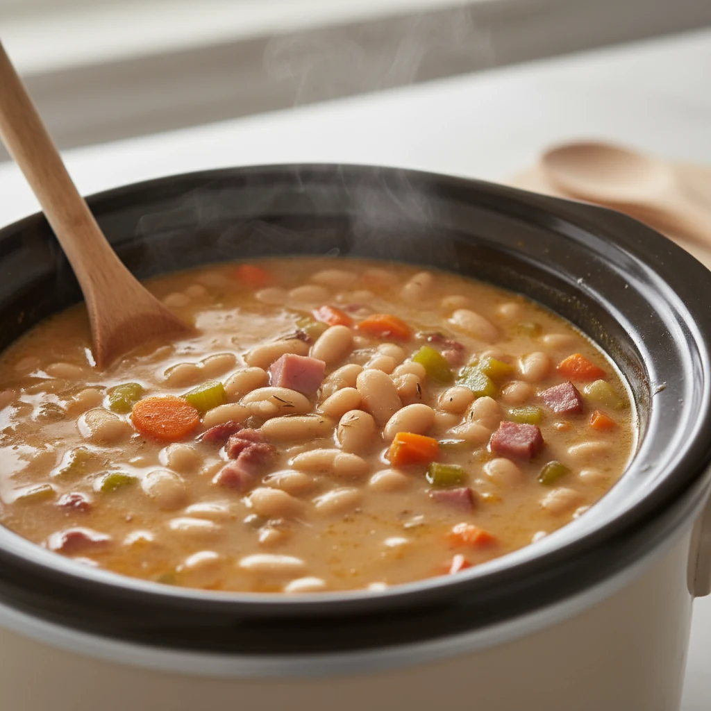 Food photography, Close-up of ham and white bean soup gently simmering in a slow cooker: silky, emulsified broth with a 