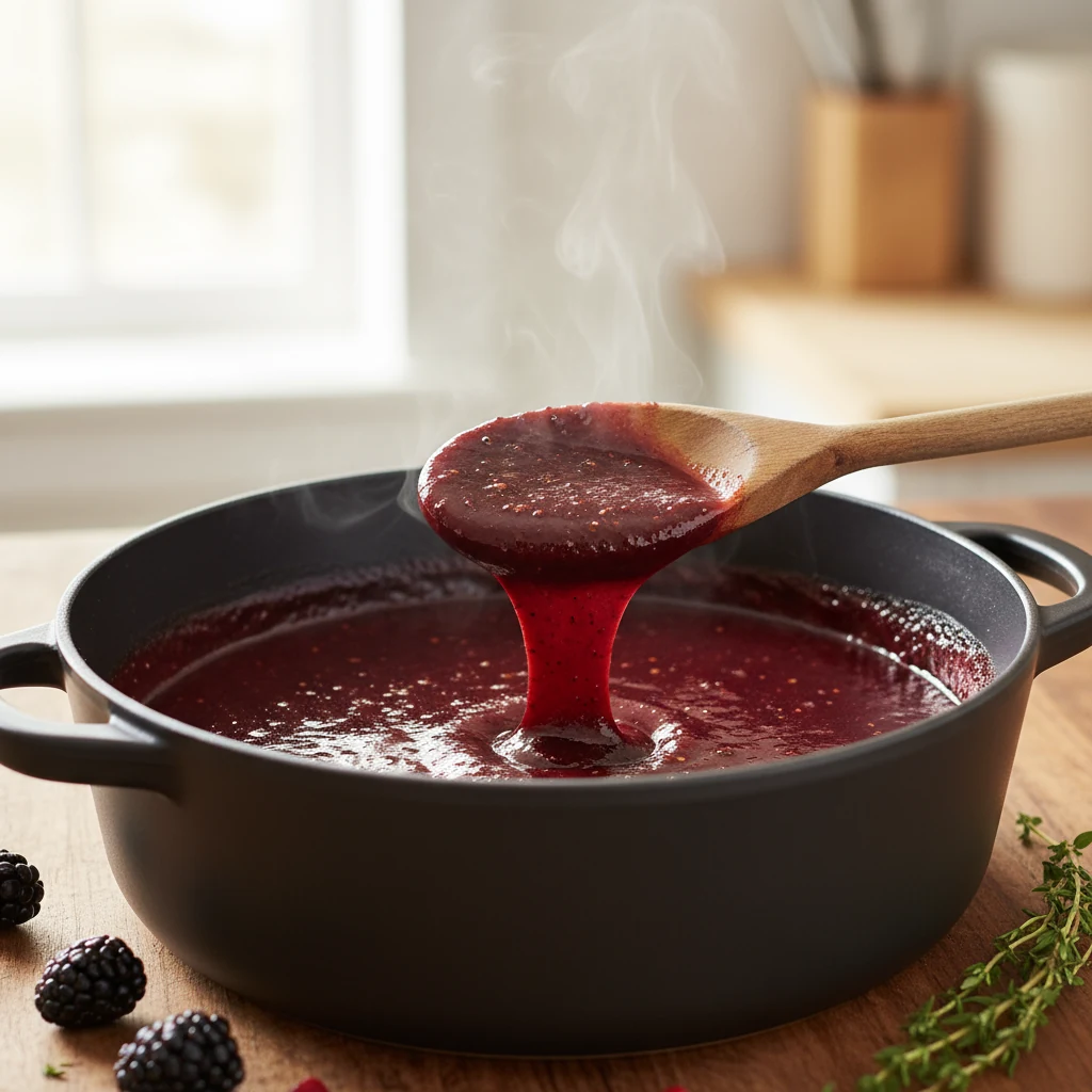 Food photography, Close-up of blackberry BBQ sauce mid-simmer in a matte saucepan, seed-free and blended smooth, deep be