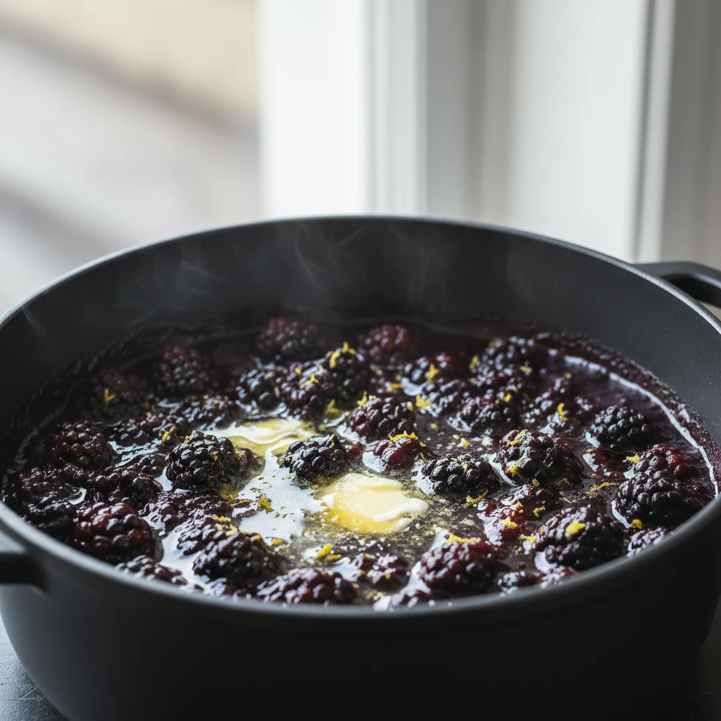 Food photography, Close-up of glossy blackberry compote simmering in a matte black saucepan, deep purple berries broken 
