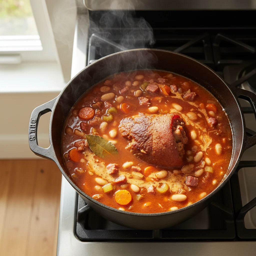 Food photography, Overhead shot of ham and bean soup simmering in a Dutch oven: smoky paprika–tinted broth gently bubbli