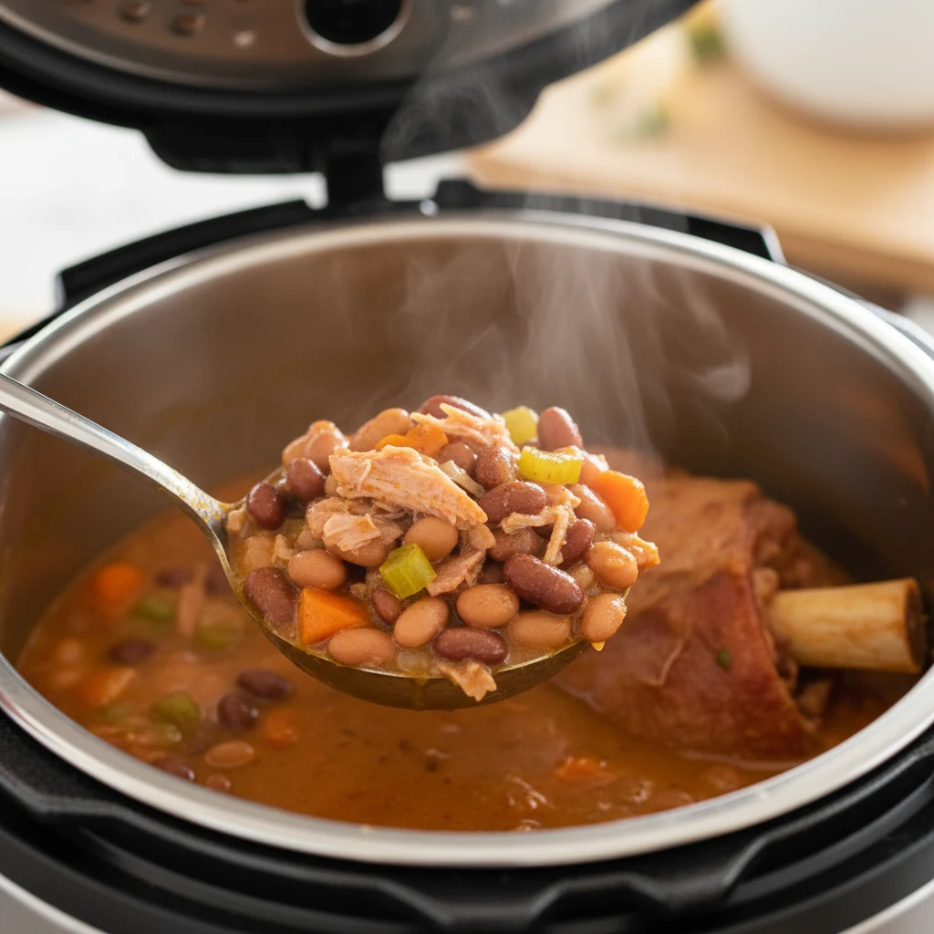 Food photography, Close-up cooking process shot: Instant Pot just opened, a ladle lifting creamy ham and bean soup—tende