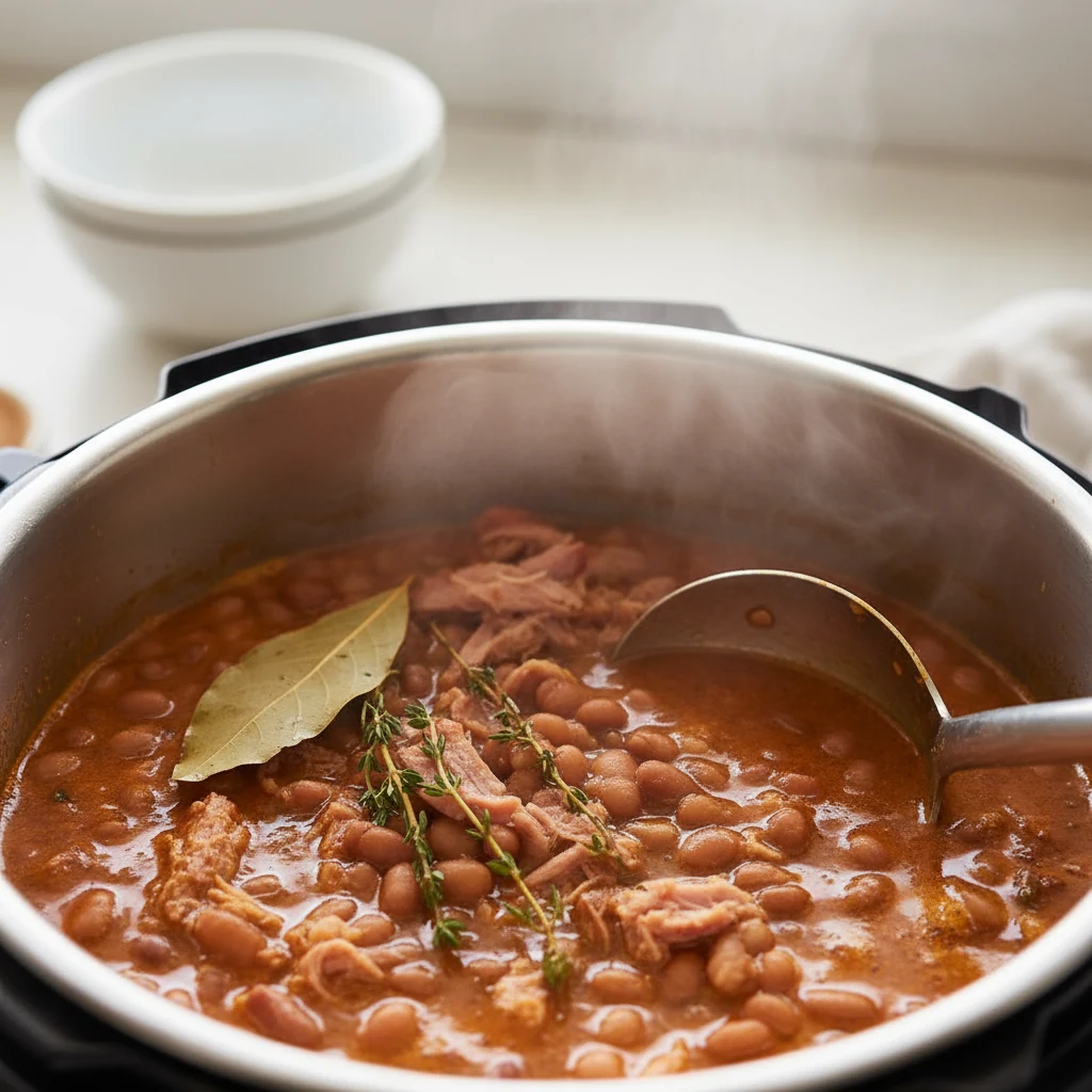Food photography, Close-up of Instant Pot ham and bean soup mid-cook: creamy navy beans and shredded ham in smoky, papri