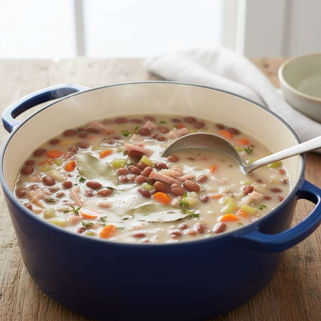 Food photography, Close-up cooking process: Dutch oven of ham and navy bean soup at a gentle simmer, creamy broth with t
