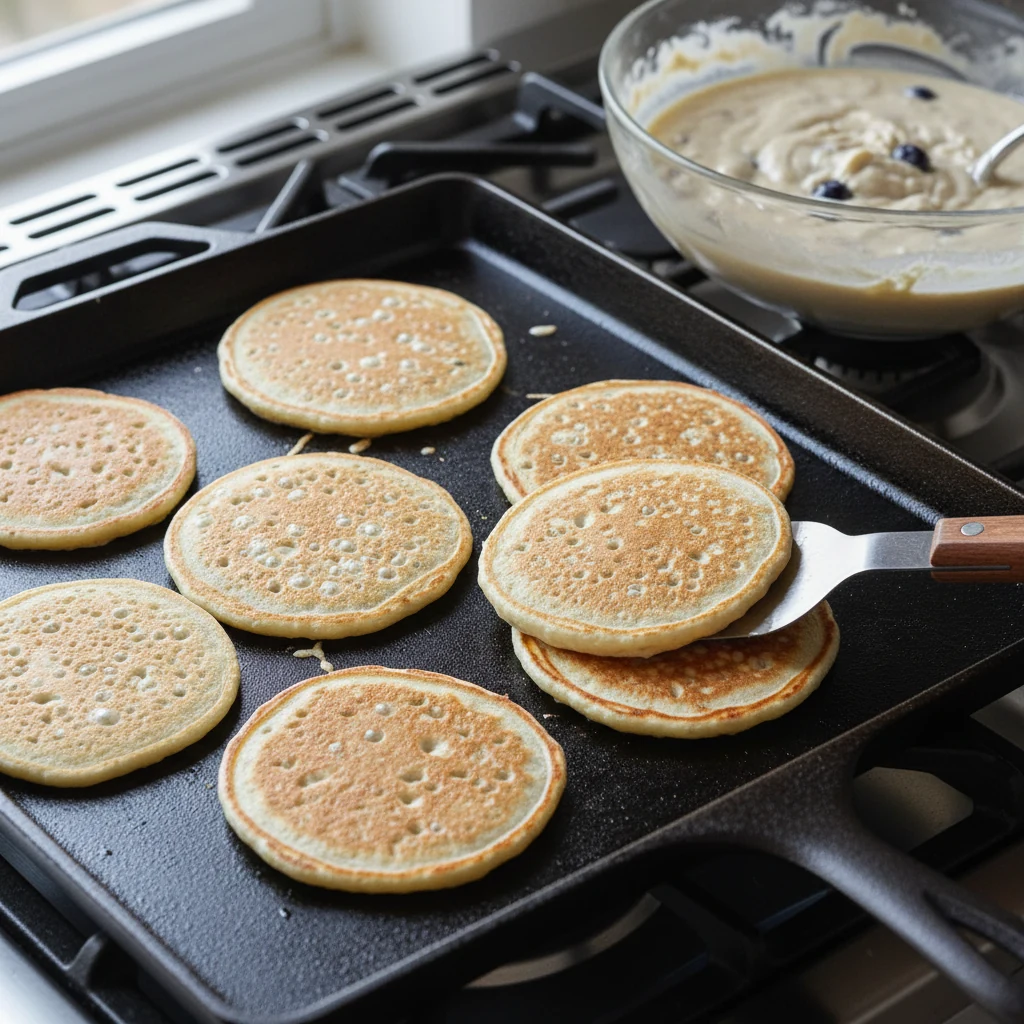 Food photography, Close-up of gluten-free sourdough discard pancakes cooking on a lightly oiled griddle over medium heat