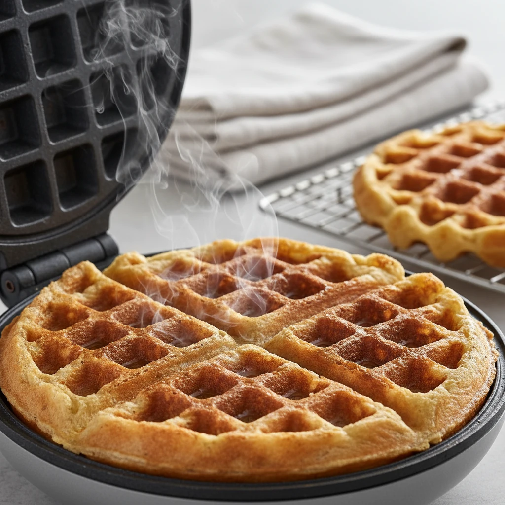Food photography, Close-up cooking process: waffle iron just opened to reveal a deep golden sourdough waffle with shatte