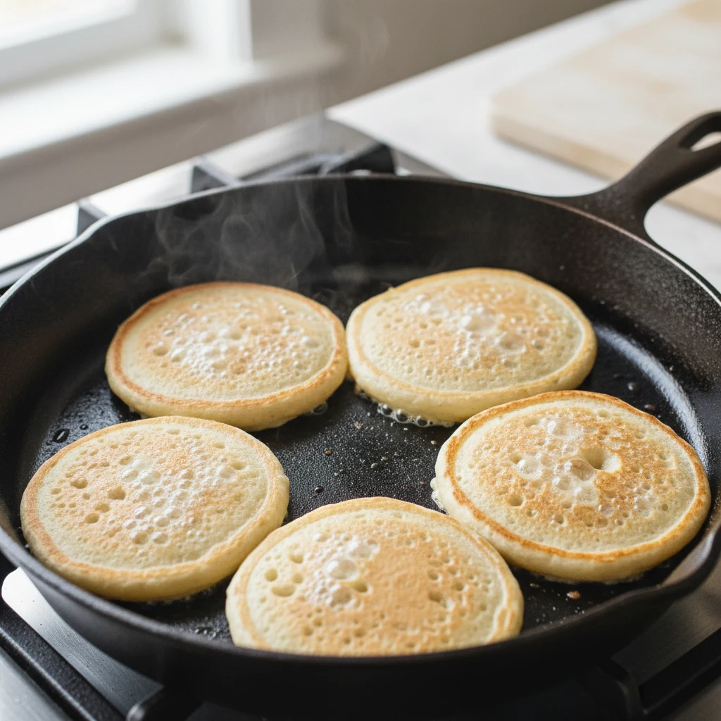Food photography, Close-up process: sourdough discard pancakes mid-cook in a lightly oiled cast-iron skillet, bubbles fo