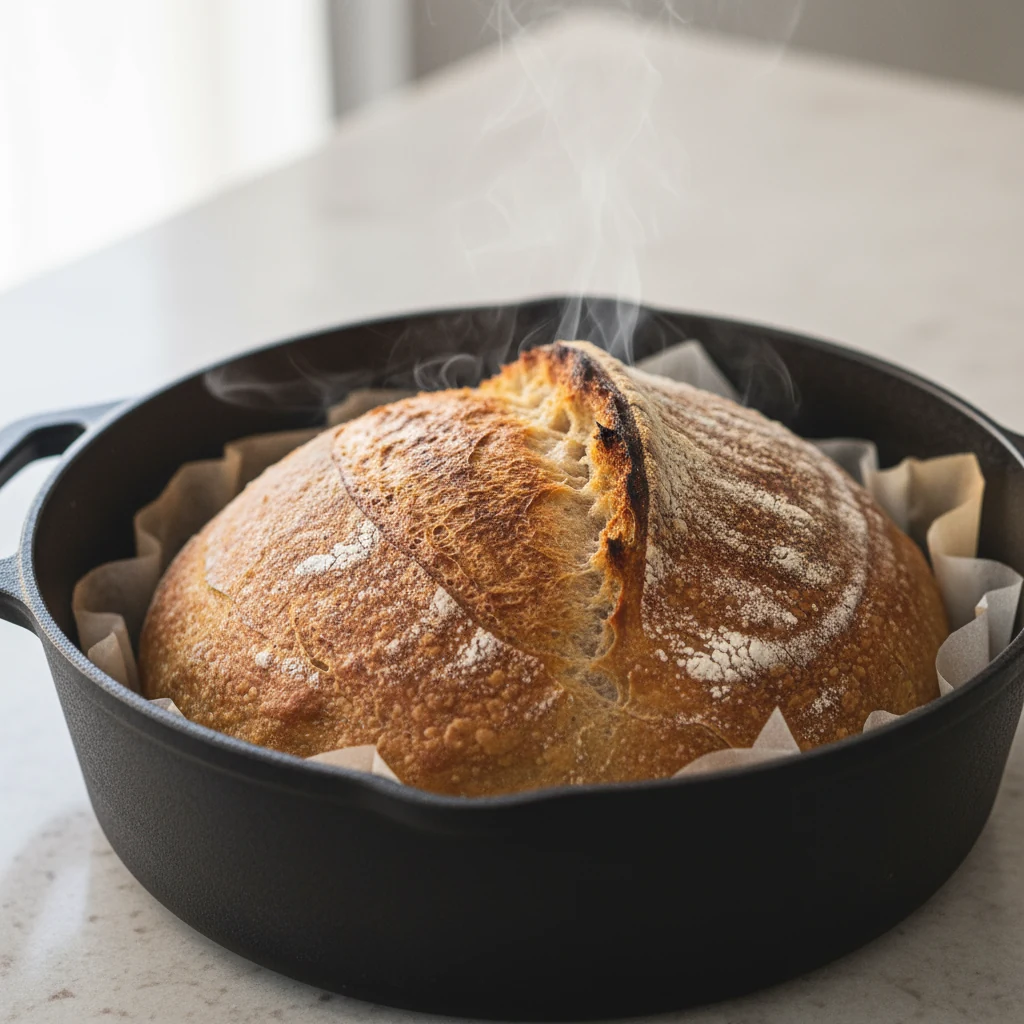 Food photography, Close-up process shot: a freshly baked sourdough boule inside a roaring-hot Dutch oven, lid off—deep g