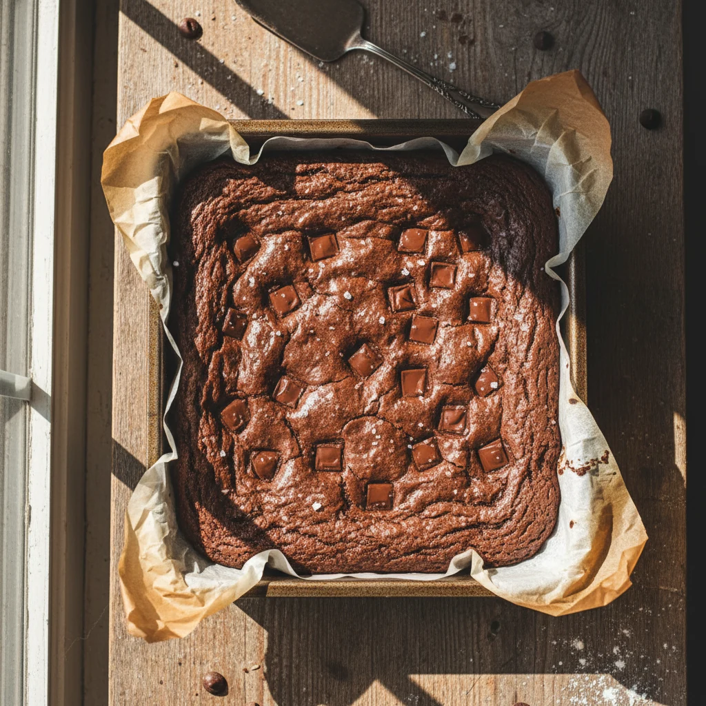 Food photography, Overhead shot of fudgy sourdough discard brownies in an 8-inch square pan with parchment overhang, shi
