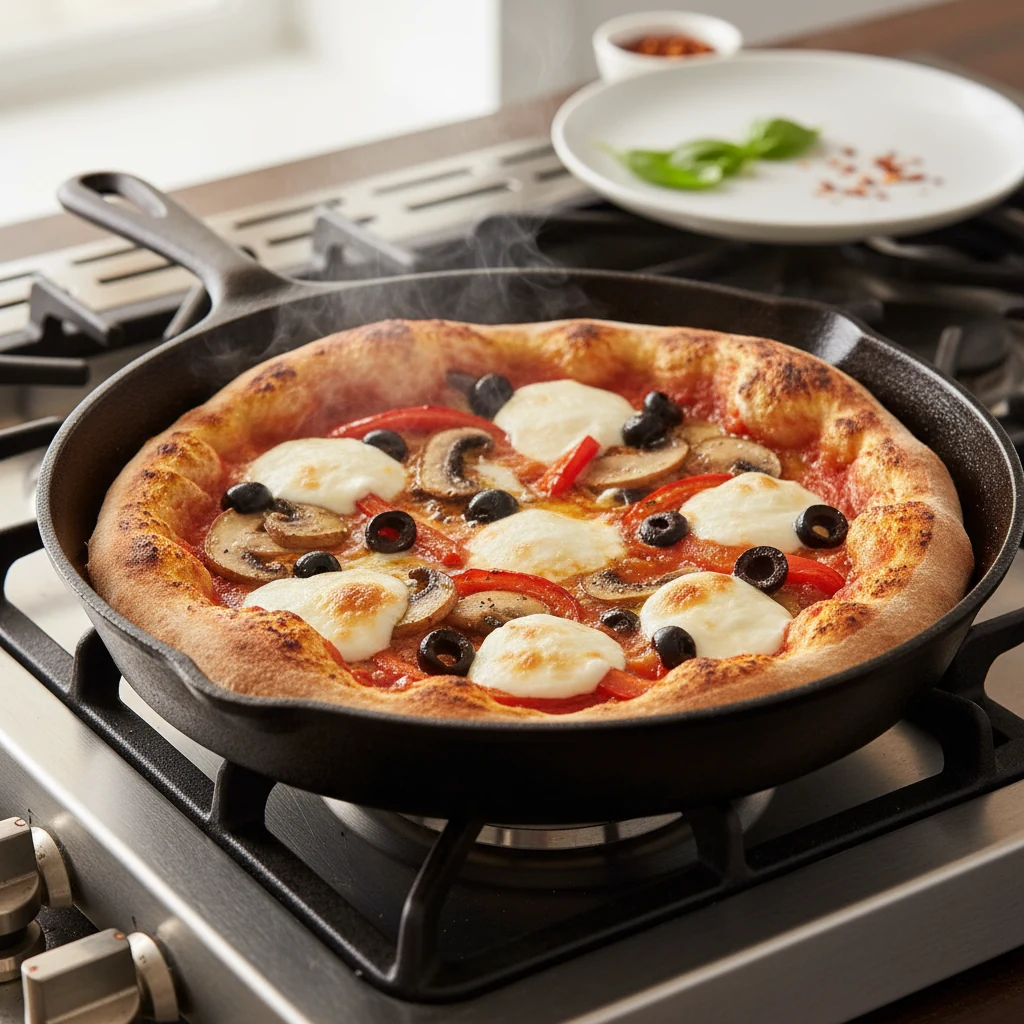 Food photography, Cooking process close-up: Sourdough skillet pizza searing in a hot cast-iron on the stovetop—thin laye