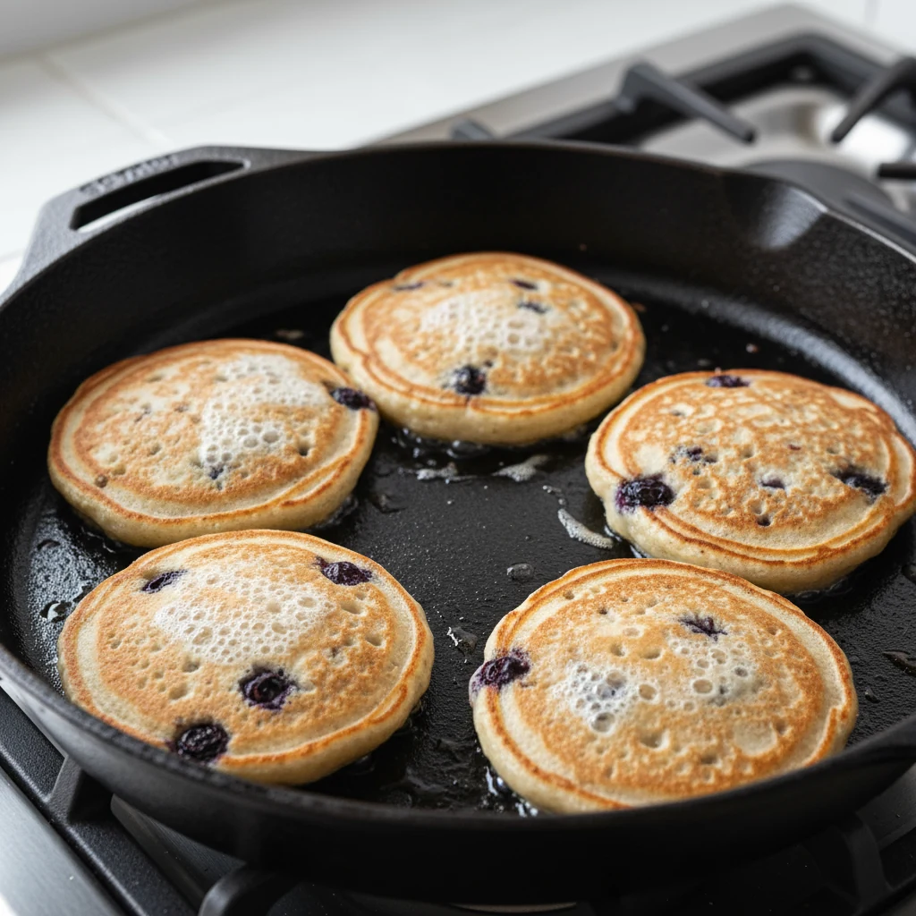 Food photography, Close-up cooking process: Protein sourdough discard pancakes sizzling in a lightly oiled cast-iron ski