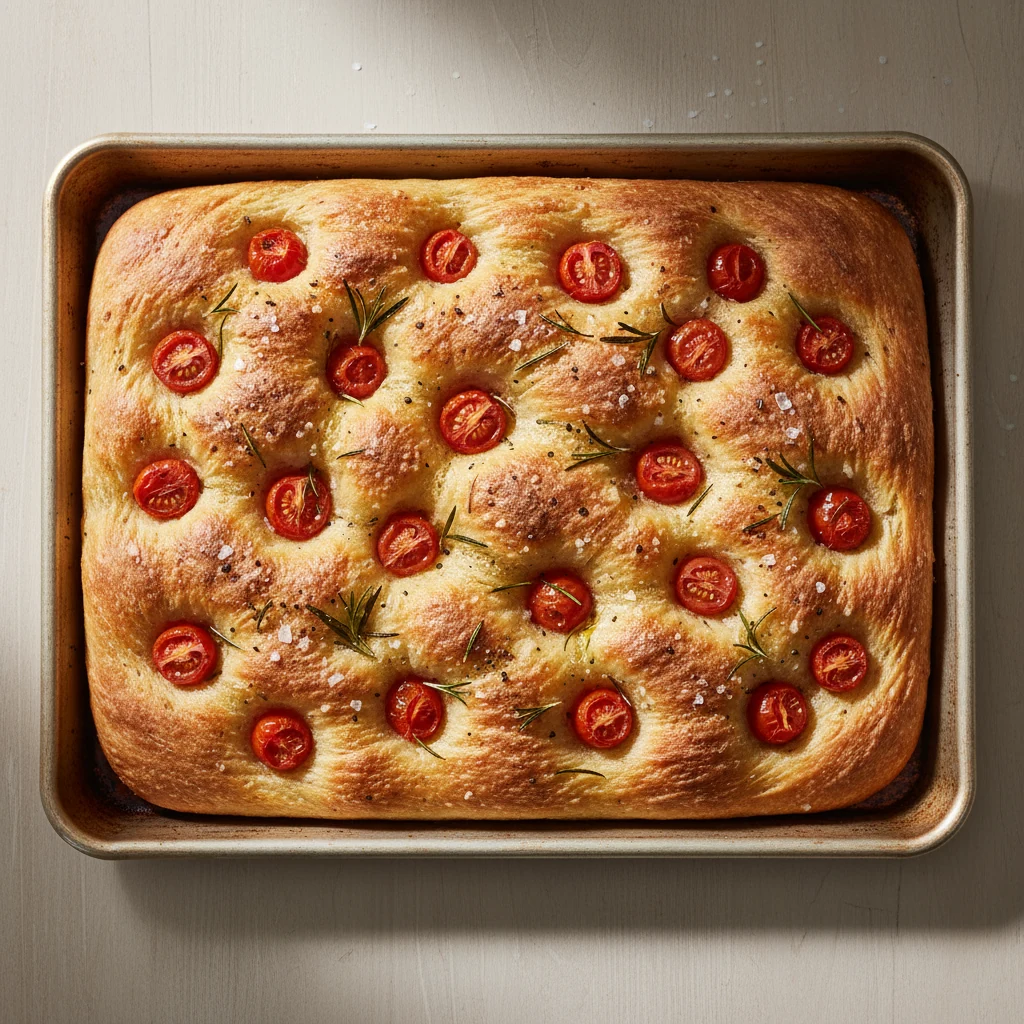 Food photography, Overhead shot of a herb-and-tomato sourdough focaccia slab on a 13×18 rimmed sheet pan: deep golden cr