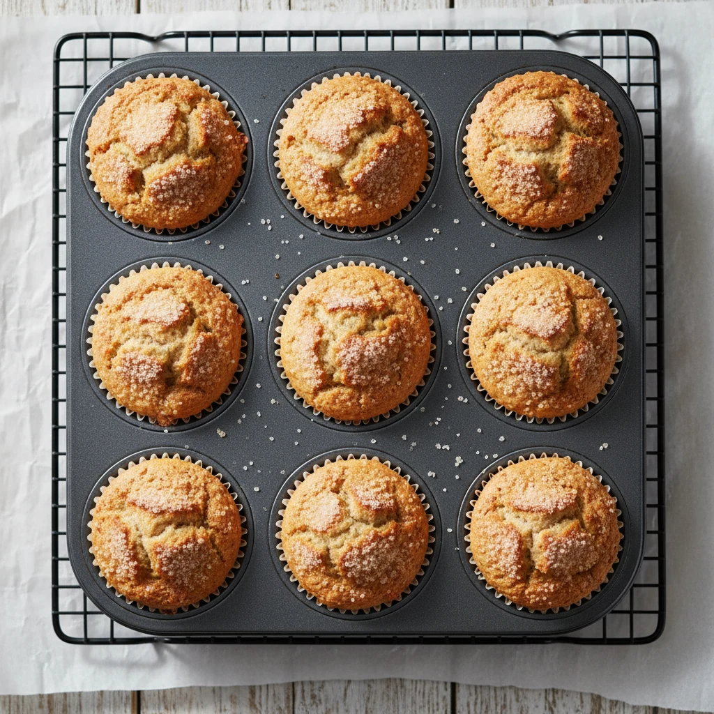 Food photography, Overhead shot of a 12-cup muffin tin just out of the oven holding high-domed sourdough discard muffins