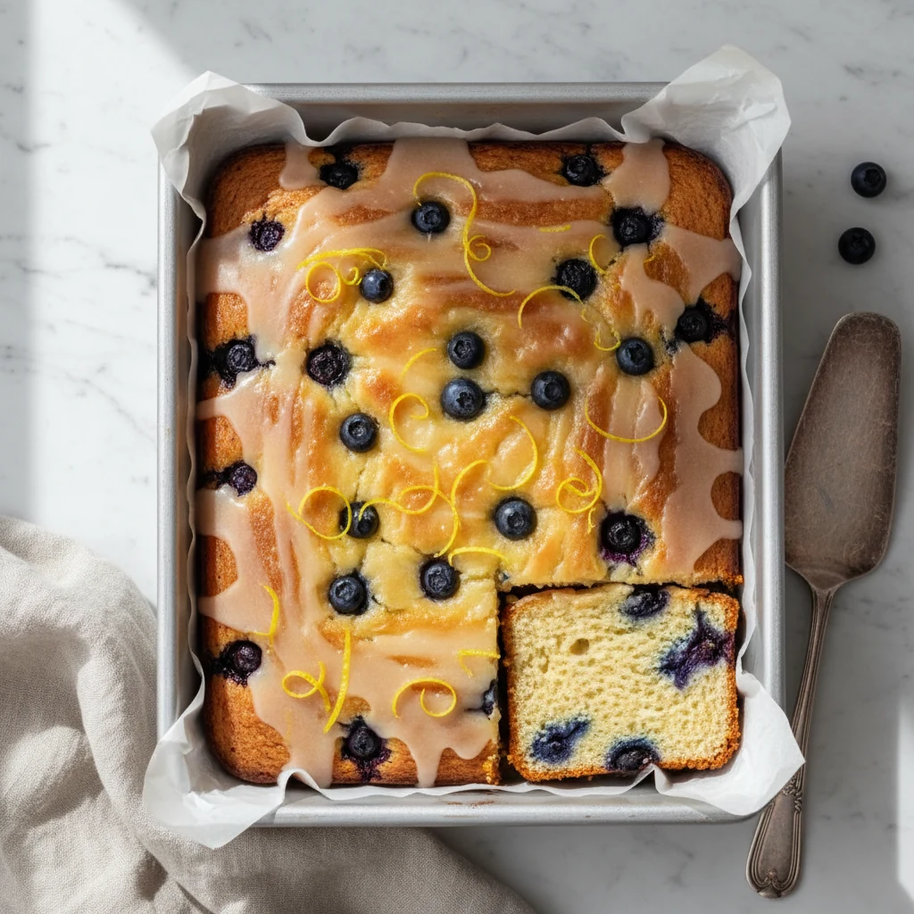 Food photography, Overhead shot of Lemon–Blueberry sourdough snack cake in a parchment-lined 9x13 pan: glossy lemon glaz