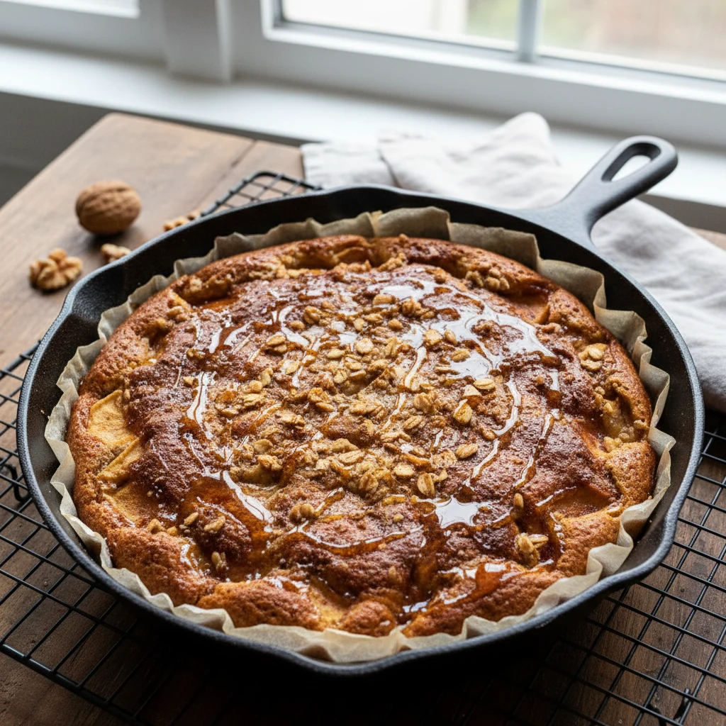Food photography, Overhead shot of a sourdough apple skillet cake just out of a 10-inch cast-iron pan: deep golden top w