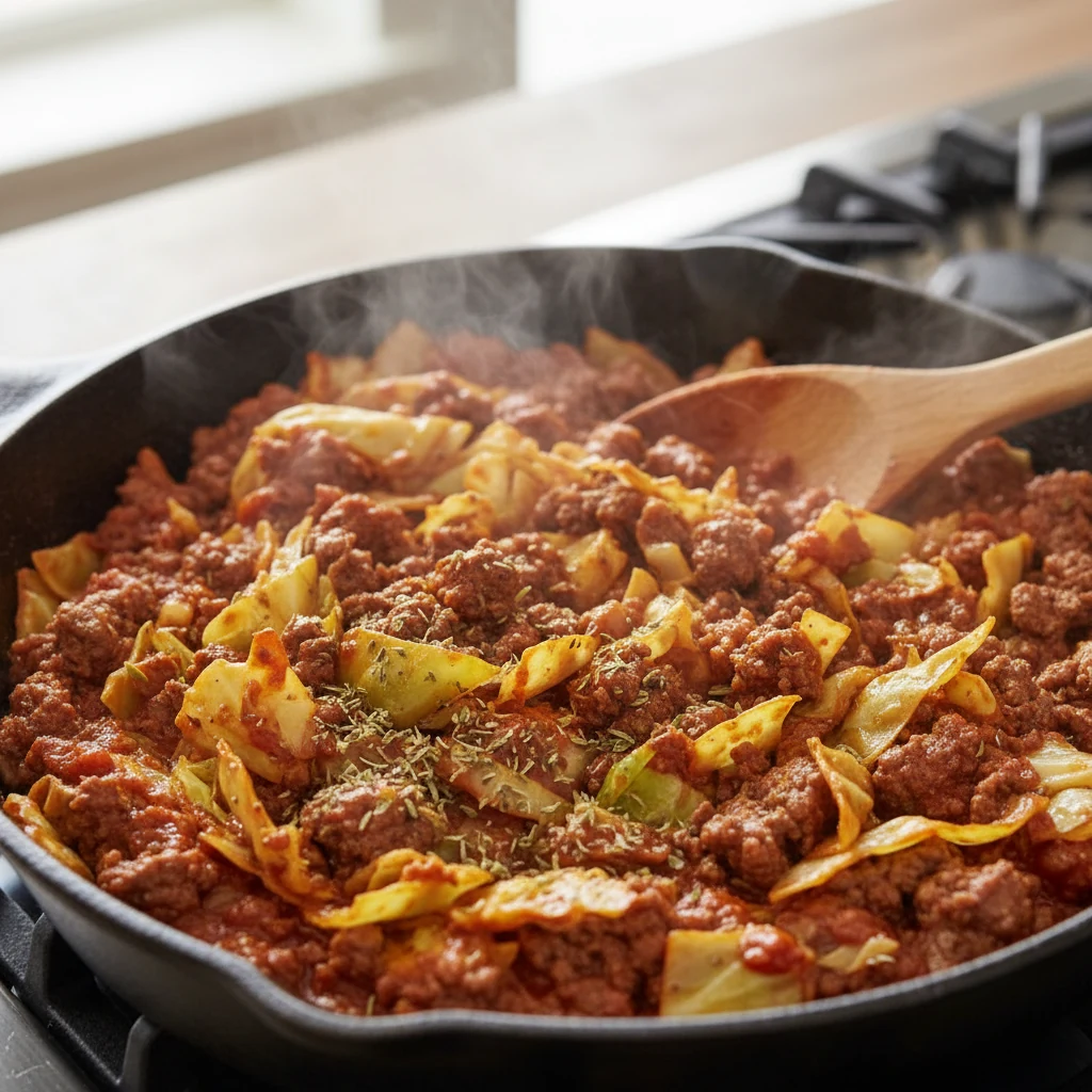 1. Close-up cooking process: tender-crisp chopped cabbage and browned ground beef folding together in a cast-iron skille