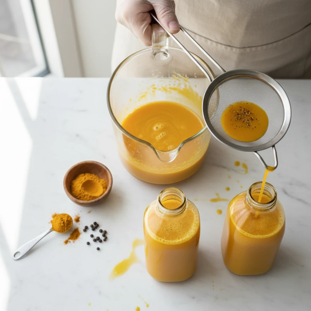 Food photography, Overhead shot of Sunrise Carrot-Orange juice being finished: silky, low-foam golden-orange juice in th