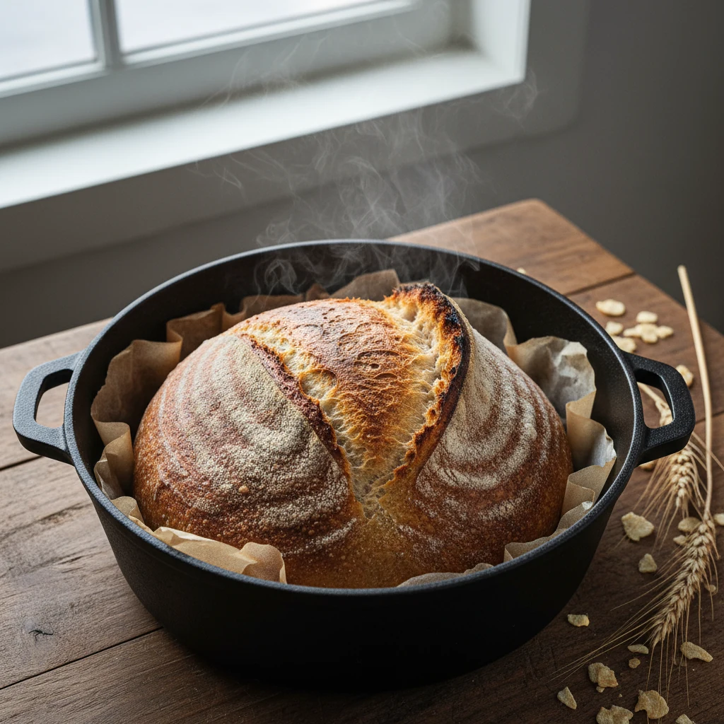 Food photography, Overhead shot of a just-baked potato flake sourdough boule in a preheated Dutch oven, lid off, steam r