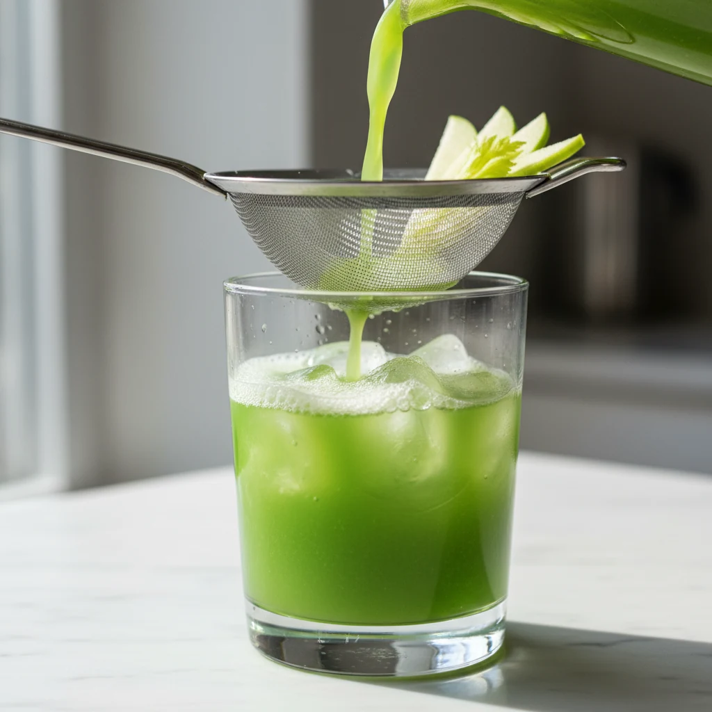 Food photography, Close-up of bright green cucumber–celery–green apple–lemon juice being poured through a fine-mesh siev