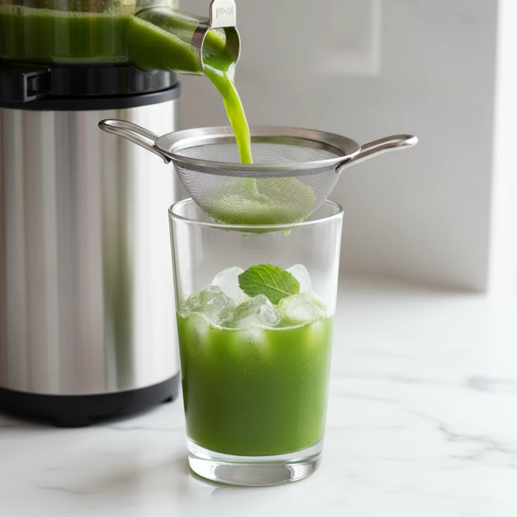 Food photography, Close-up process shot: vivid green Everyday Green Juice streaming from a Ninja cold press juicer spout