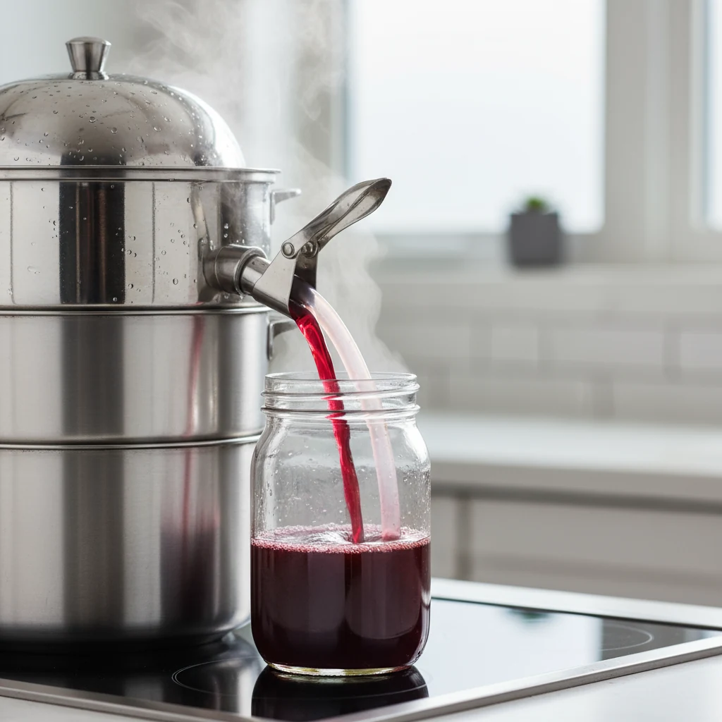 Food photography, Close-up cooking process: steam juicer mid-extraction with ruby-purple Concord grape juice streaming f