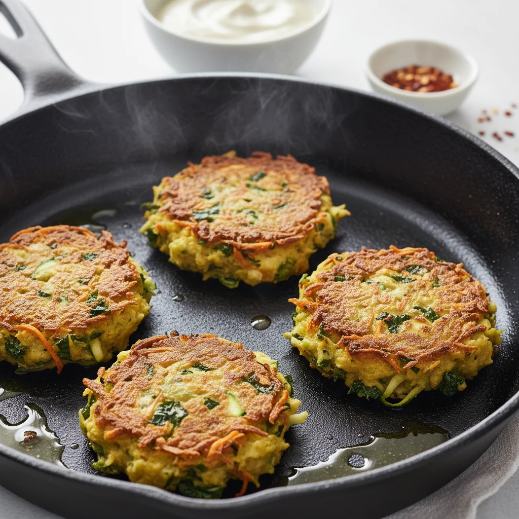 Food photography, Cooking process close-up: Savory veggie pulp fritters (carrot–zucchini–kale with chickpea flour, green