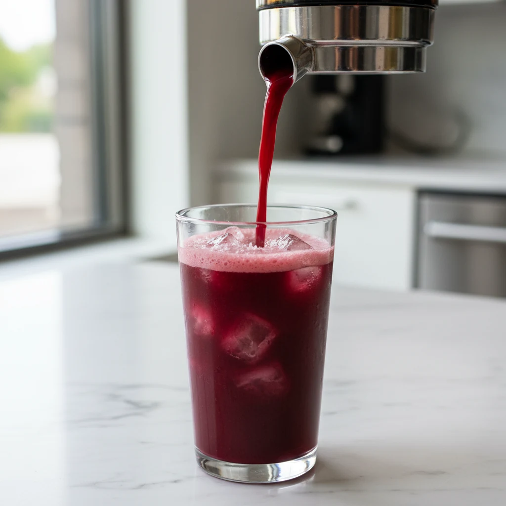 Food photography, Ruby Runner (Post-Workout) being poured: close-up of deep ruby beet–carrot–apple juice streaming from 