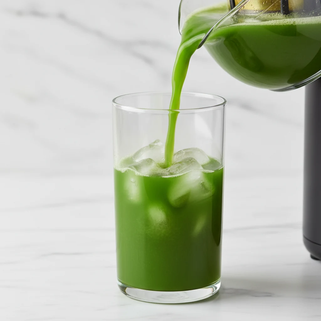 Food photography, Juicer spout pouring vibrant emerald apple-cucumber-celery-spinach juice brightened with lemon and gin