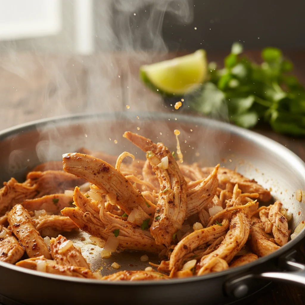 Food photography, Close-up of shredded chicken being hot-tossed in a skillet with softened minced onion and garlic, coat