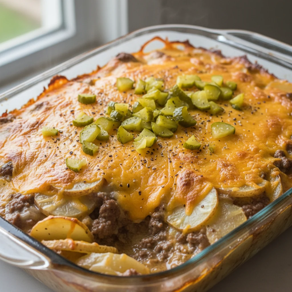 Close-up process shot: cheeseburger potato casserole just uncovered in the oven, golden melted sharp cheddar with browne