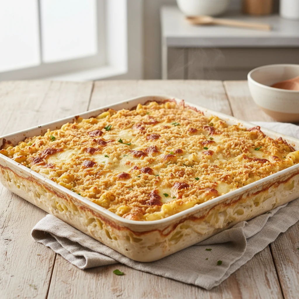 Food photography, 1. Overhead shot of chicken tetrazzini just out of the oven: 9x13 pan, bubbling creamy sauce, golden b