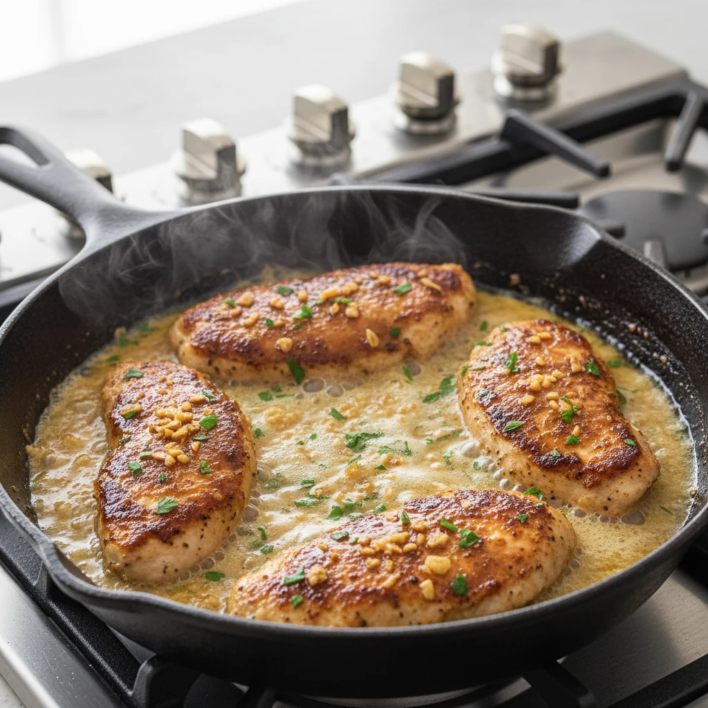 Food photography, Close-up of skillet garlic-butter chicken tenderloins: deeply browned sear, juicy gloss; foamy butter 
