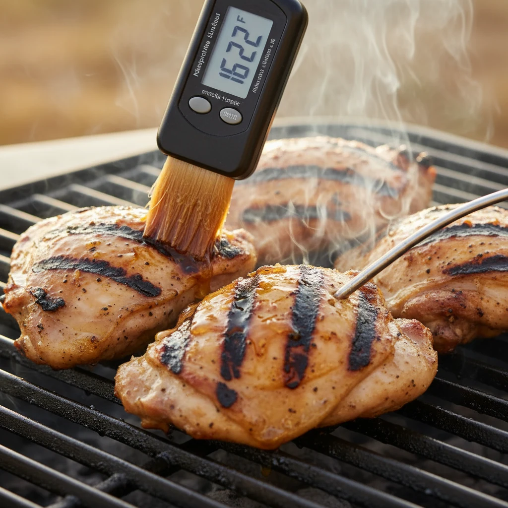 Food photography, 1. Close-up of smoky Chipotle-Lime grilled chicken thighs on clean, oiled grates with strong grill mar