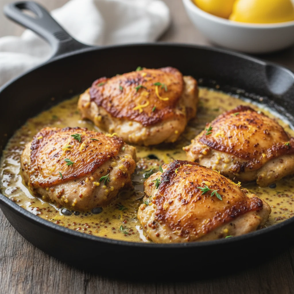 Food photography, Close-up of pan-seared mustard chicken thighs in a large skillet: deeply golden-brown crust, glossy Di