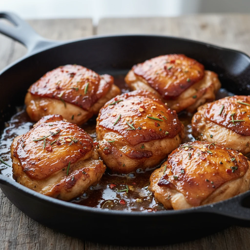 Food photography, Close-up of seared boneless chicken thighs in a cast-iron skillet, lacquered with a sticky balsamic–ho
