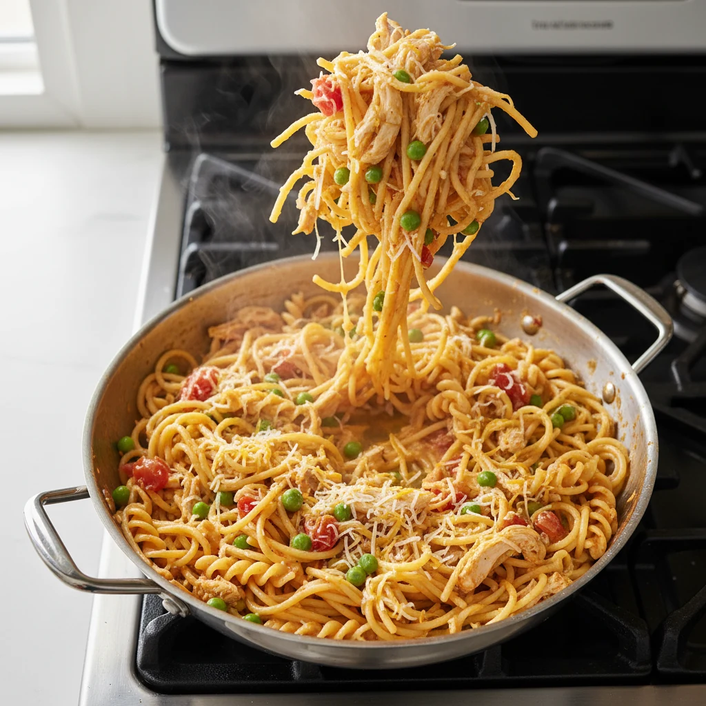 Food photography, Overhead shot of cooked spaghetti mid-toss in a deep skillet with a silky, emulsified cream-cheese sau