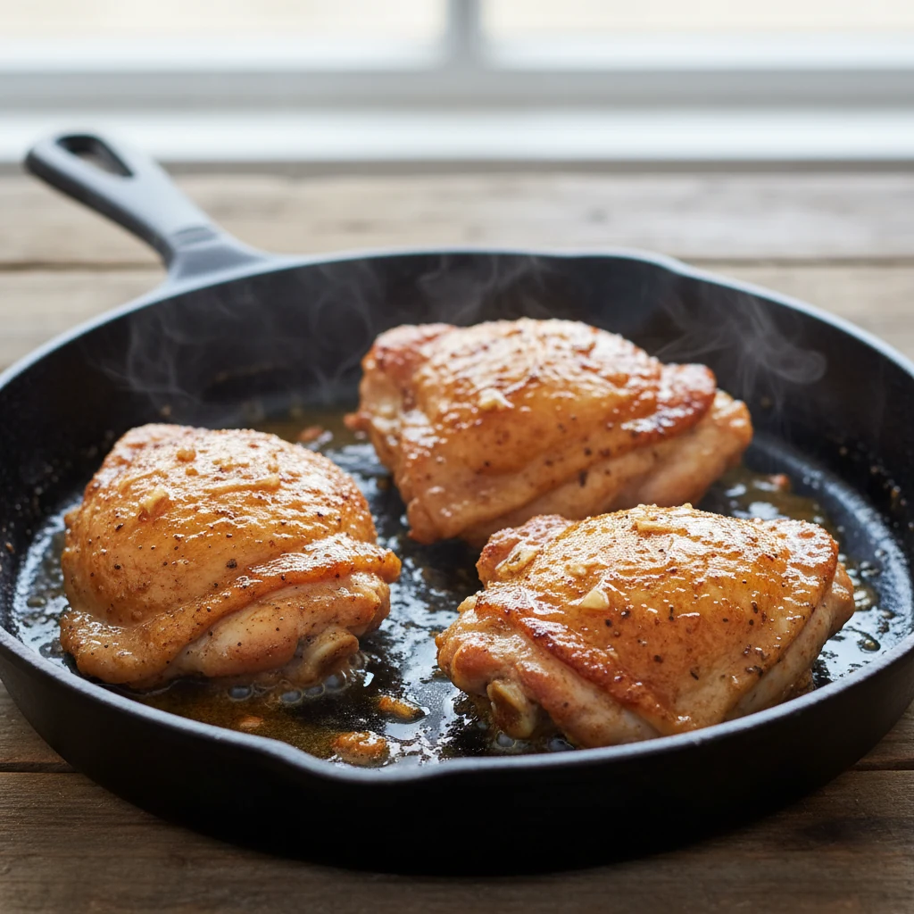 Food photography, Close-up cooking process shot: skin-on chicken thighs searing in a cast-iron skillet; deep golden, cra