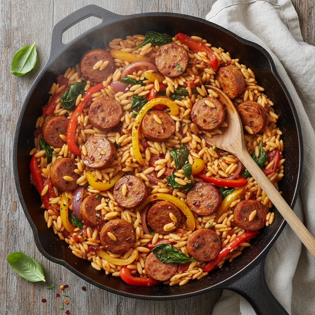 Food photography, Overhead shot of one-pan Italian chicken sausage orzo simmering: browned sausage coins, charred bell p