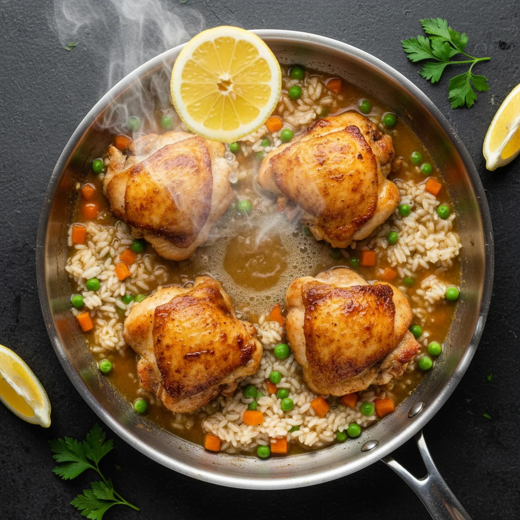 Food photography, Overhead cooking process shot: golden seared chicken thighs nestled over gently simmering rice in brot