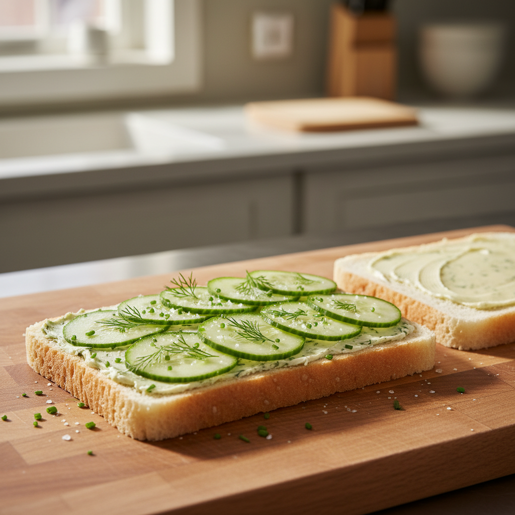 Food photography, Cooking process: chilled white Pullman slice spread edge-to-edge with herbed butter, paper-thin cucumb