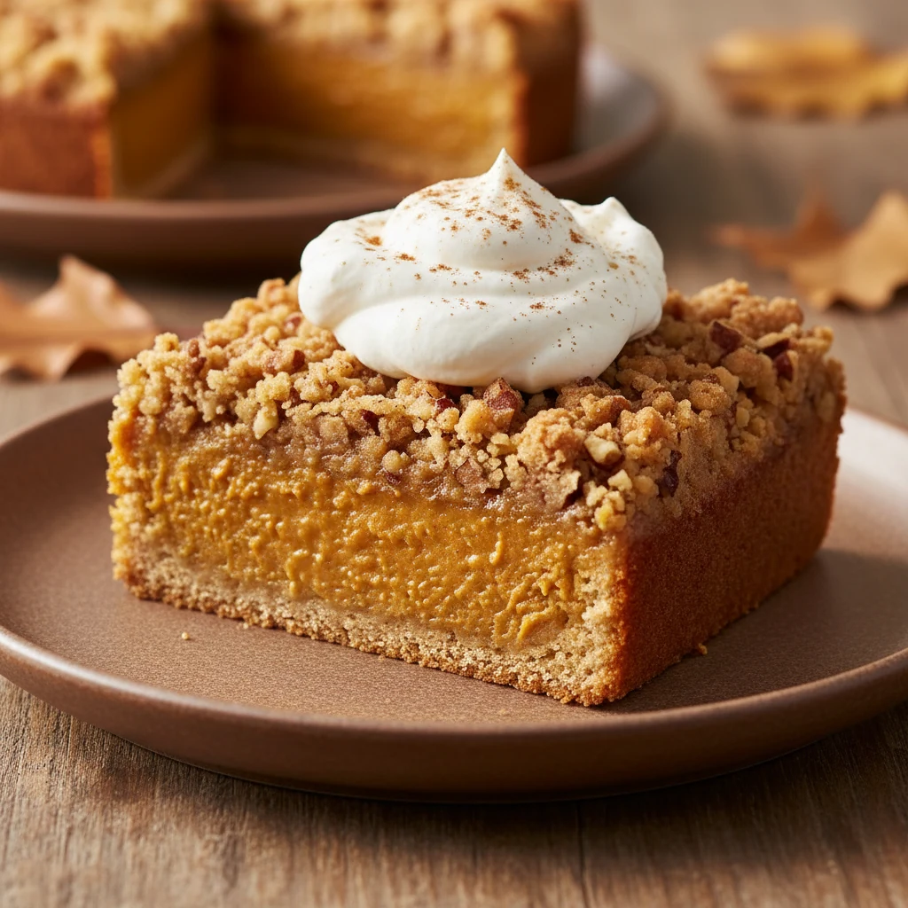 Close-up 45° angle of a plated slice of pumpkin pie cake showing silky custard center and tender crumb with crunchy peca