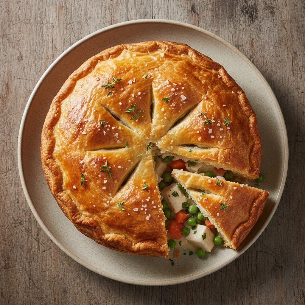Food photography, Overhead shot of baked chicken pot pie with puff pastry lid—deep golden, egg-washed sheen with flaky l